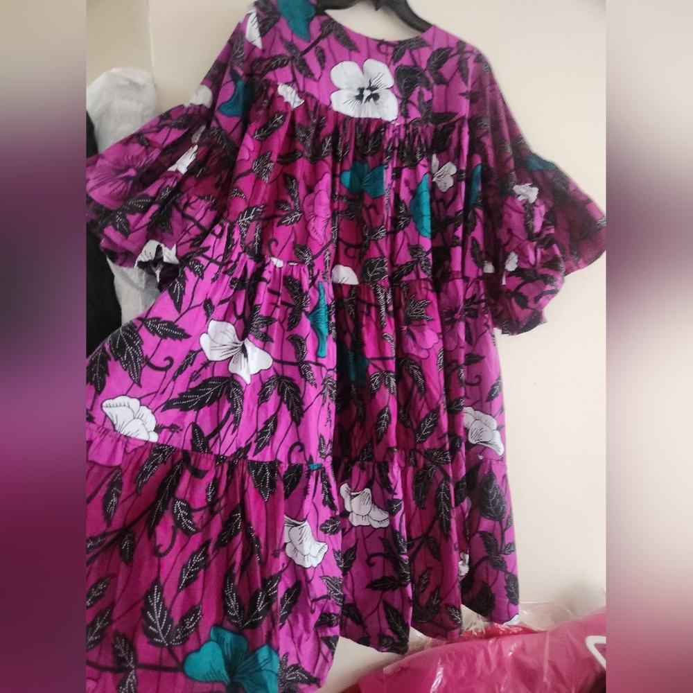 Voluminous Hibiscus Flowers Prints Cotton Tiered Dress Floral Purple Sz 6/8 NWOT - Picture 3 of 16